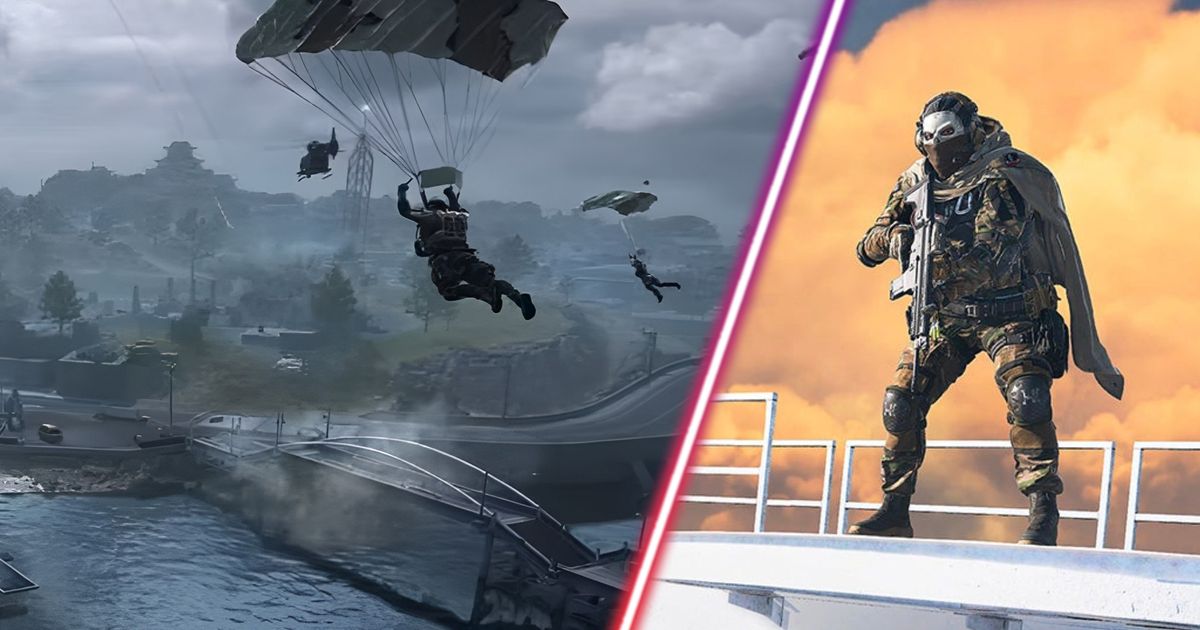 Warzone 2 players deploying parachute and Ghost standing near railings holding gun