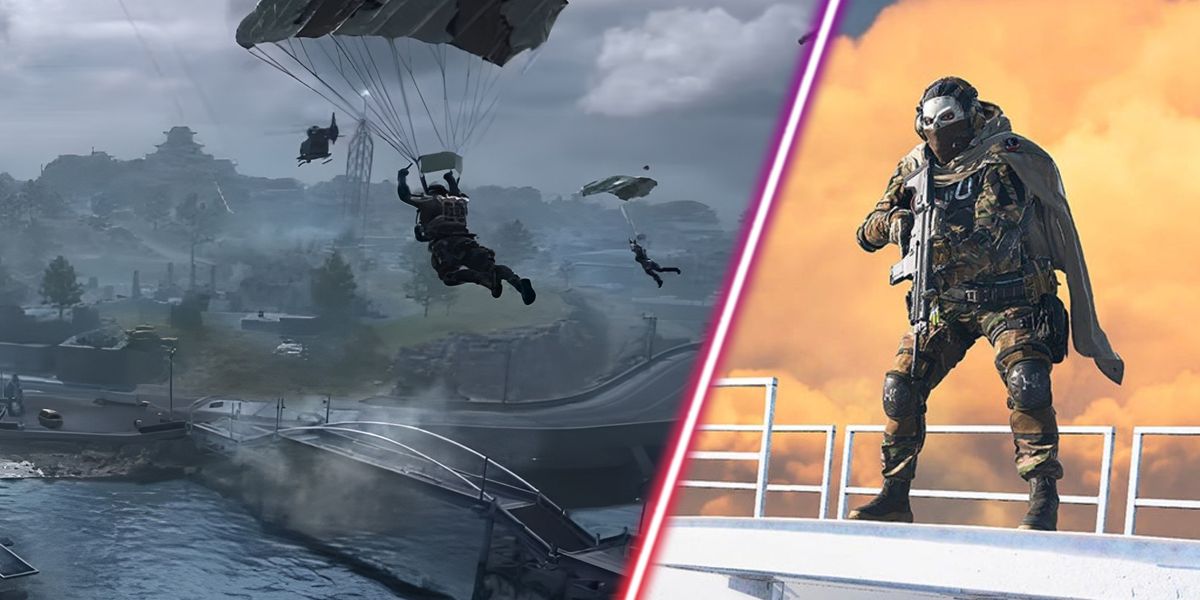 Warzone 2 players deploying parachute and Ghost standing near railings holding gun