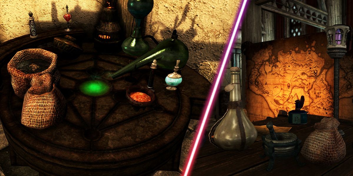 An alchemy station in Skyrim.