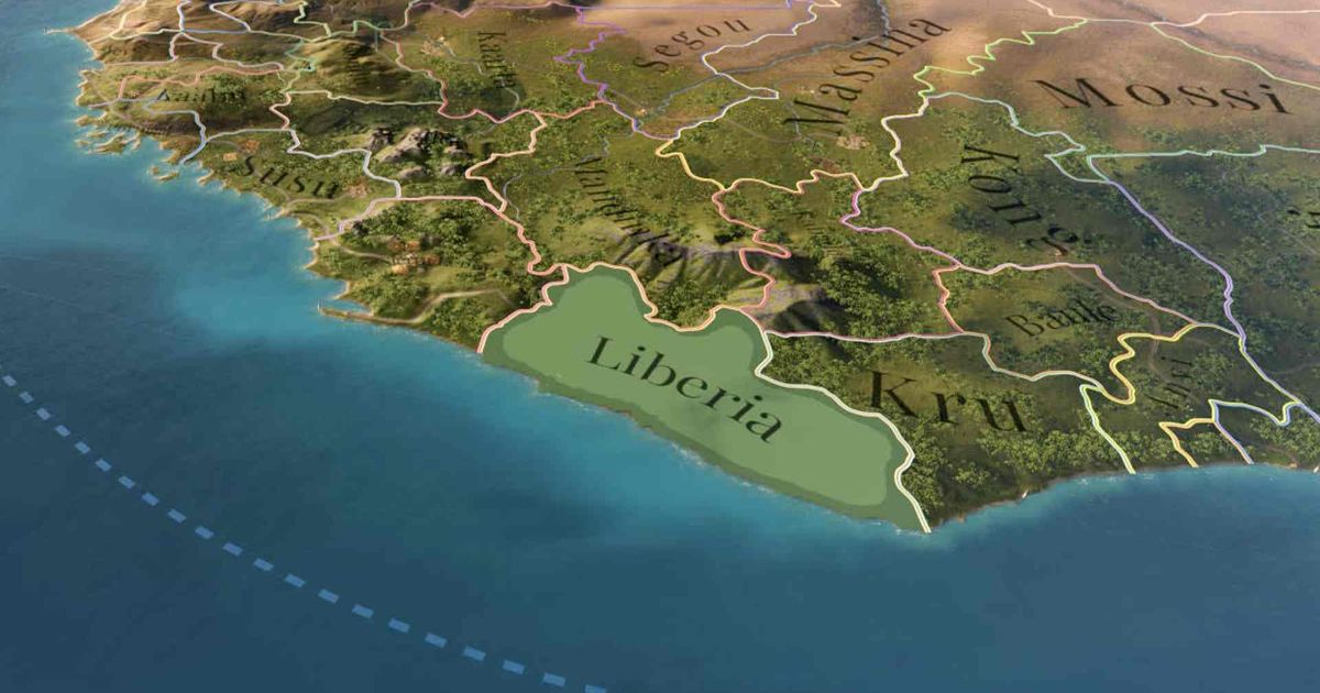 The map in Victoria 3 showing the coast of Liberia.