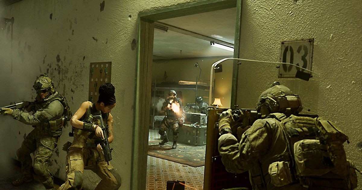 Modern Warfare 2 players standing near doorway with guns and  riot shield
