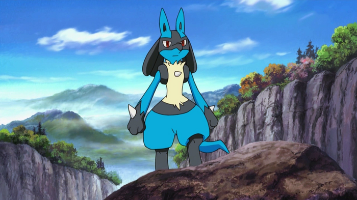 Lucario gazes upon the horizon in the animated show.