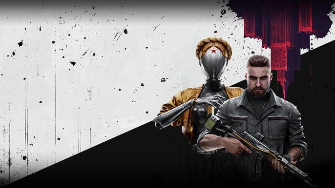 Atomic Heart cover art depicting two soldiers against a black-and-white backdrop.