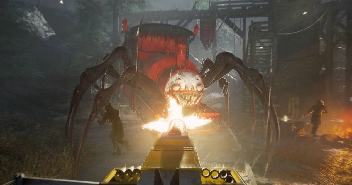 The player firing a turret gun at an evil train in Choo Choo Charles.