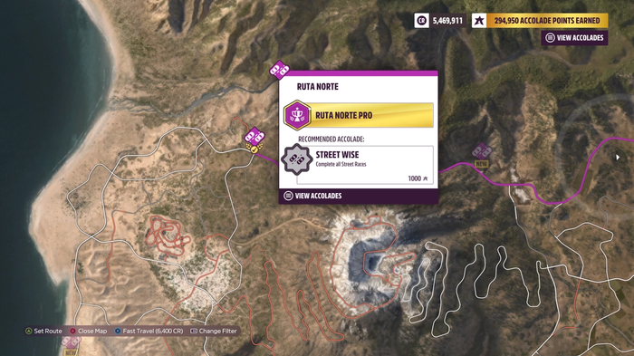 The Ruta Norte street racing event shown on the Forza Horizon 5 map. it is located in the Northwestern corner