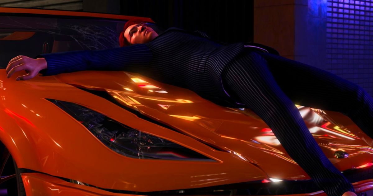 Yakuza character laying on top of a car