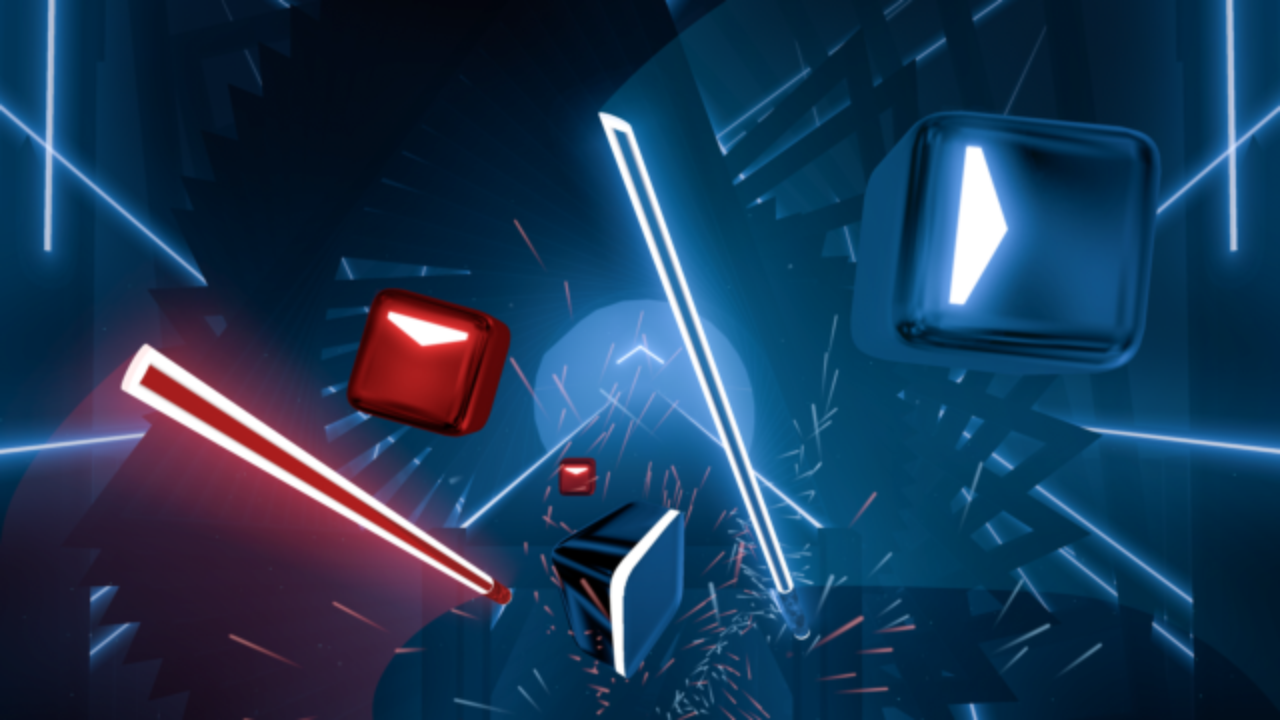 A red and blue light sword fighting off incoming blocks.