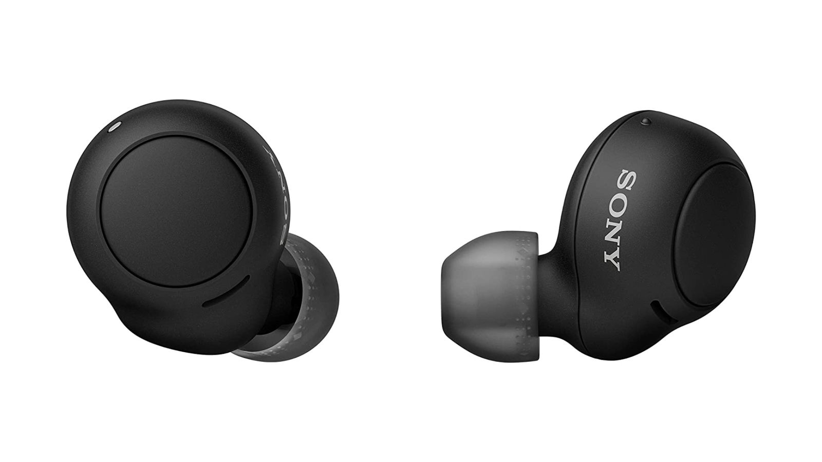 Best budget earbuds - Sony WF-C500 product image of two black wireless earbuds with translucent rubber earbud tips.