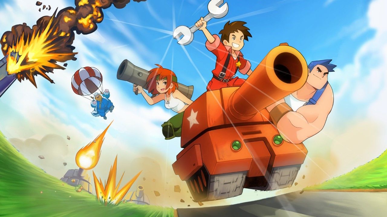 The main group of protagonists from Advance Wars 1+2: Re-Boot Camp: Max, Andy, and Sami drive a tank.