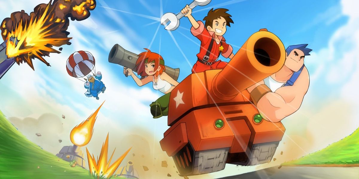 The main group of protagonists from Advance Wars 1+2: Re-Boot Camp: Max, Andy, and Sami drive a tank.