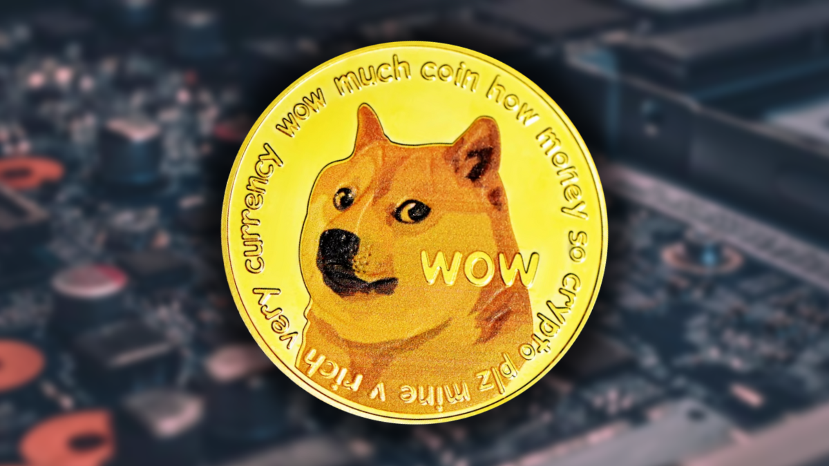 Image of Dogecoin on grey blurred background of a computer chip