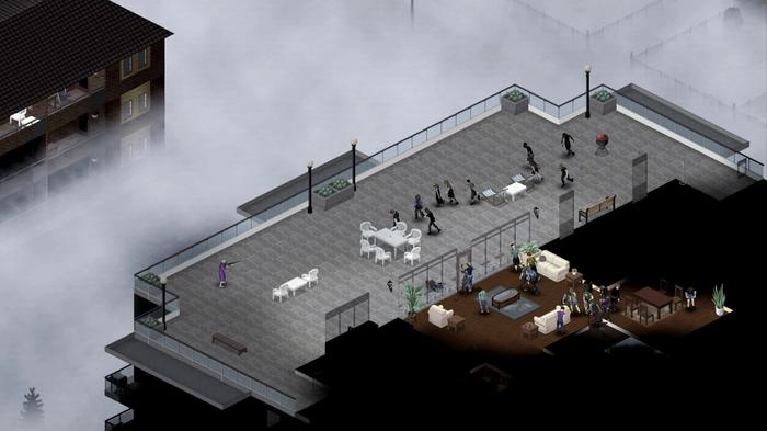 A player is fighting waves of zombies on a rooftop in Project Zomboid.