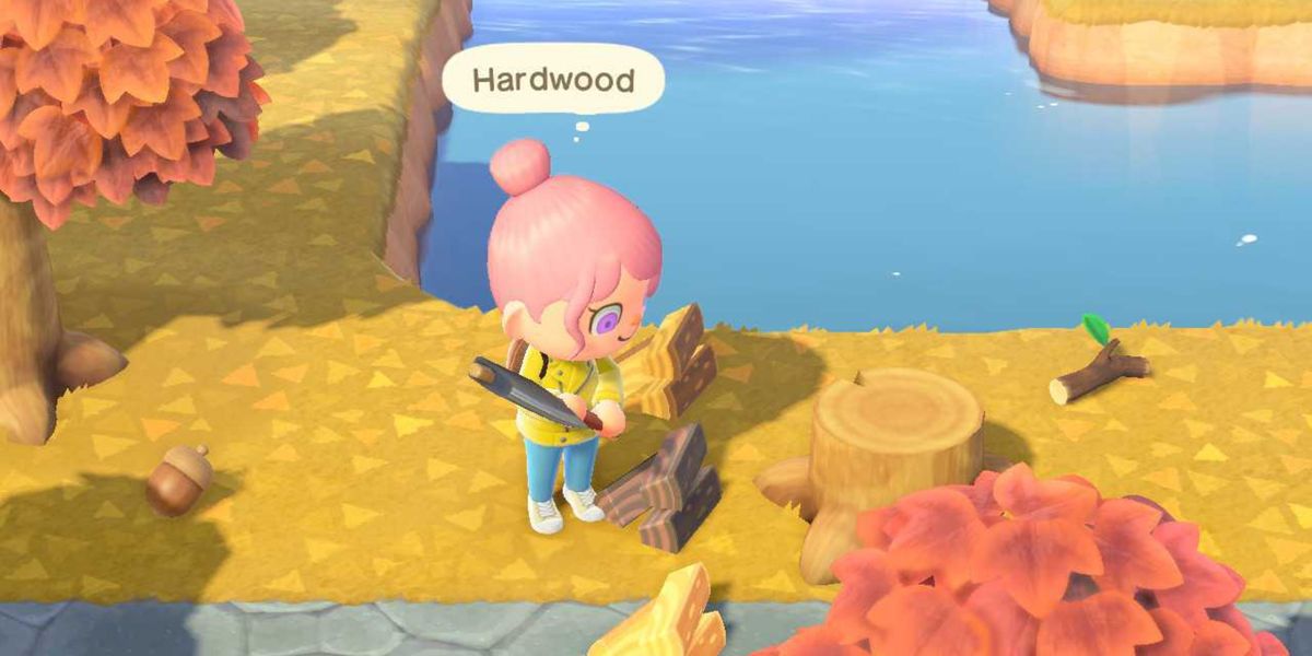 Animal Crossing New Horizons. The player is looking down at Hardwood whilst standing next to a tree stump.