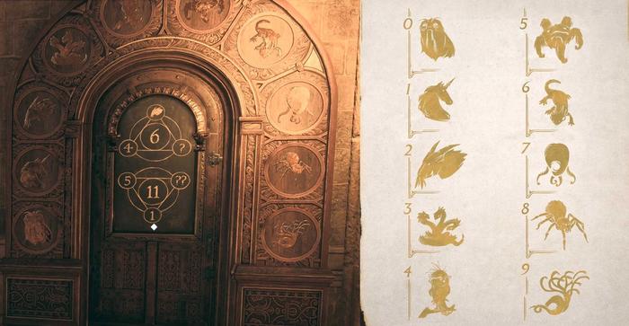 A puzzle door in Hogwarts Legacy and a chart showing how the animal emblems correlate to numbers.
