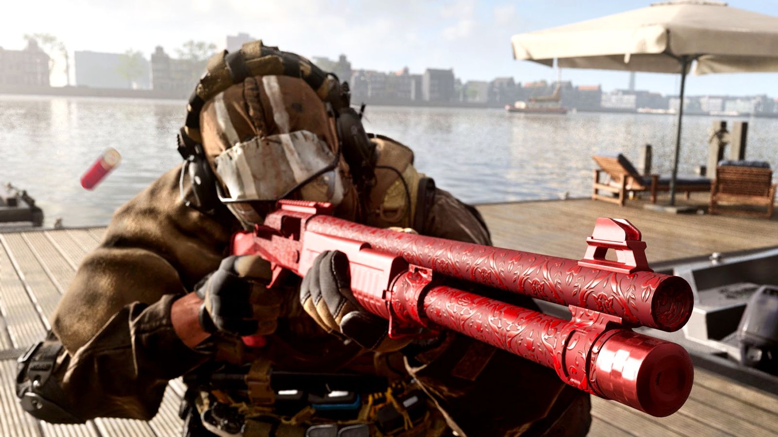 Warzone player aiming down sights of red double-barreled shotgun