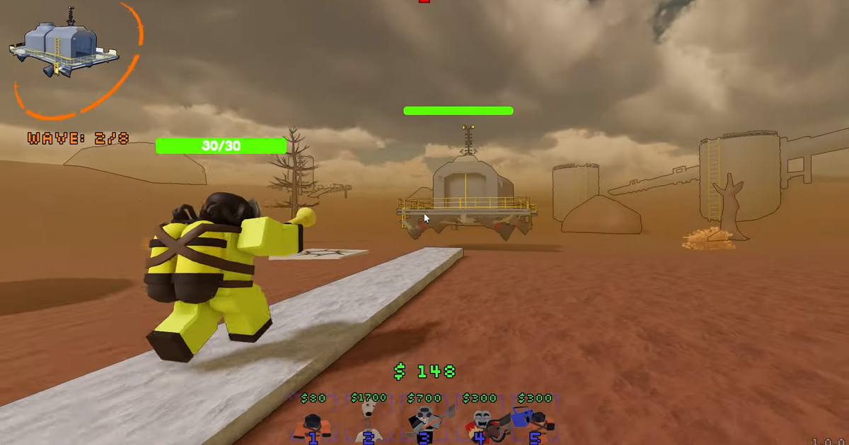 A unit in Lethal Tower Defense walking towards a plane in a desert.