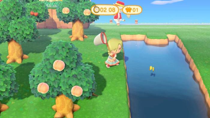 Animal Crossing New Horizons. Player chasing a yellow butterfly during a Bug Off. The butterfly is over some water and the timer at the top of the screen has 2 minutes left.