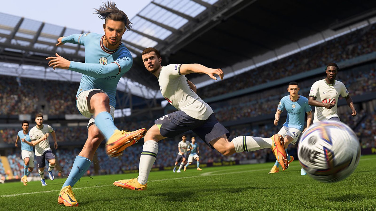 Screenshot of EA Sports FC Manchester City and Tottenham Hotspur players playing a match with a football spinning off the ground