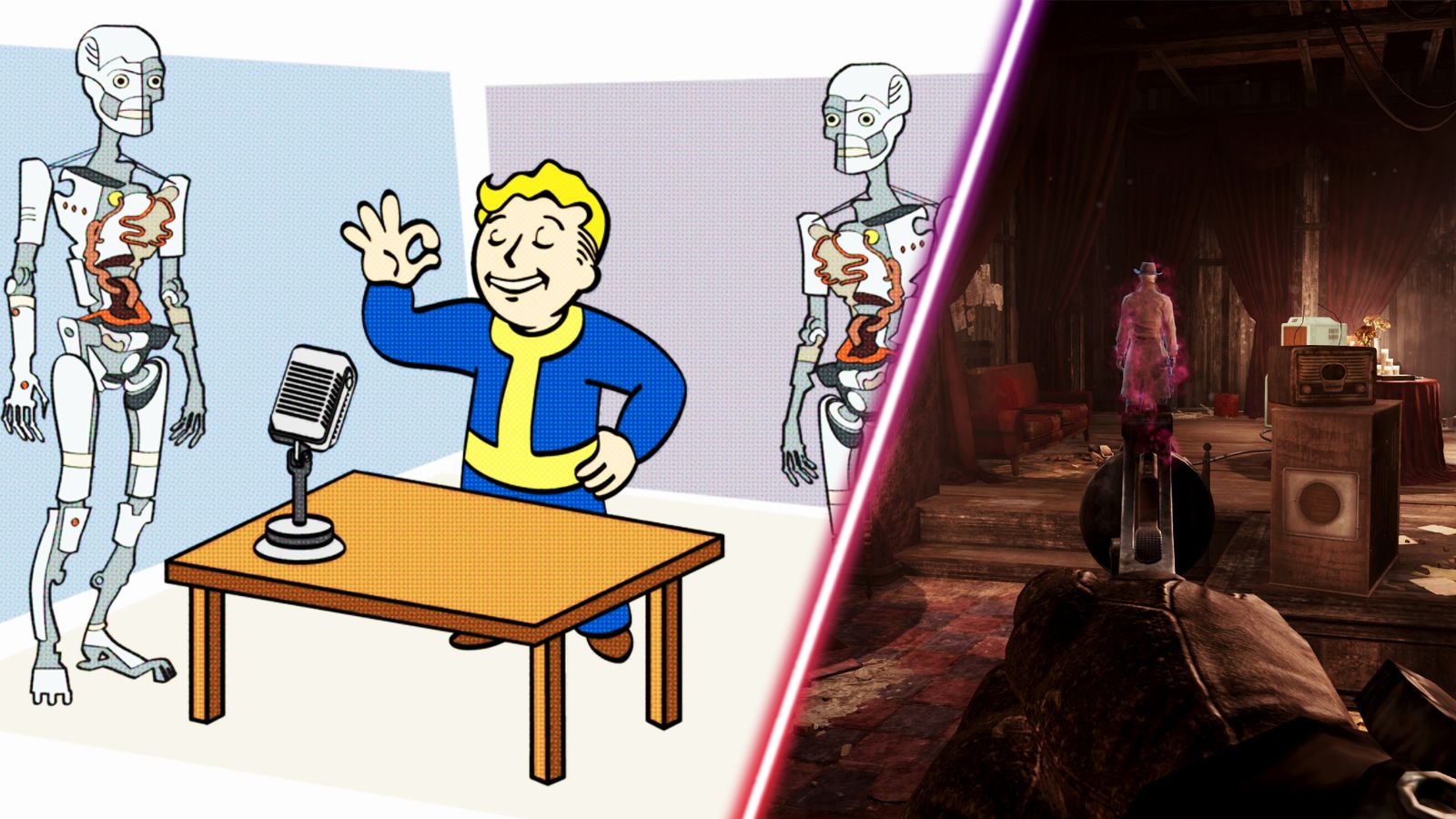 Fallout 4's Vault Boy alongside some synths.
