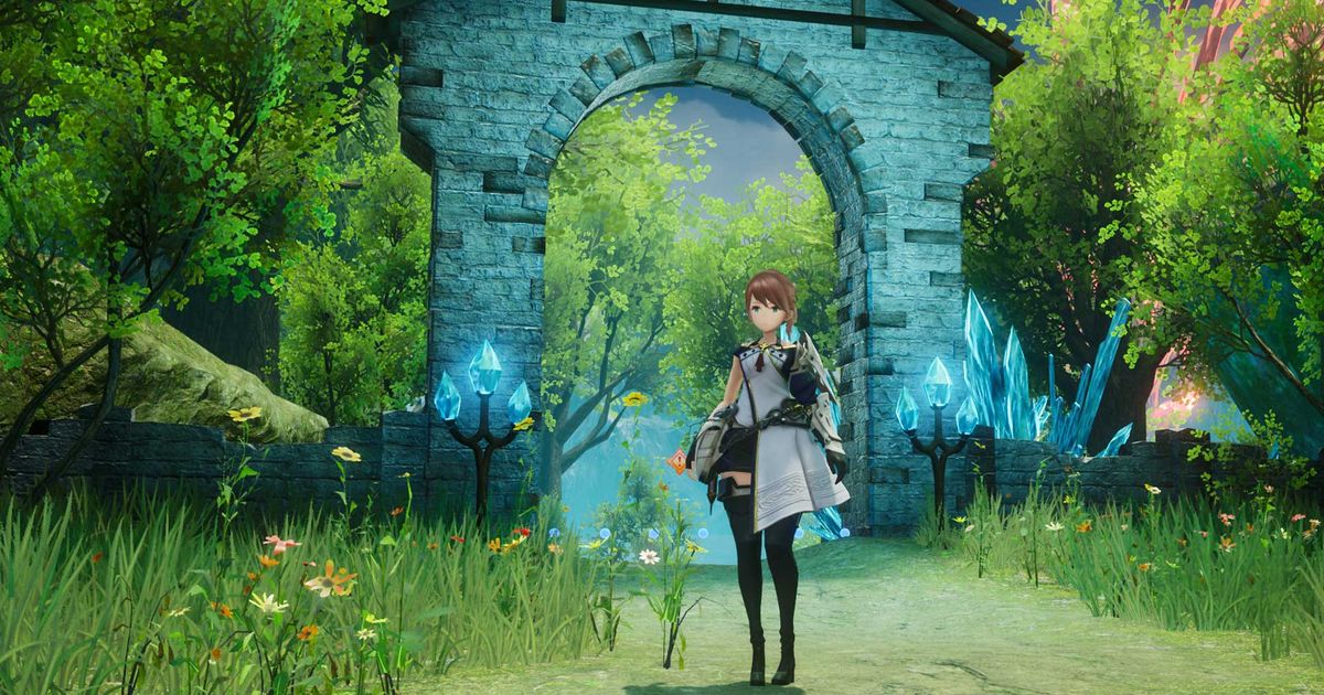 The player character standing by an arch in Harvestella.
