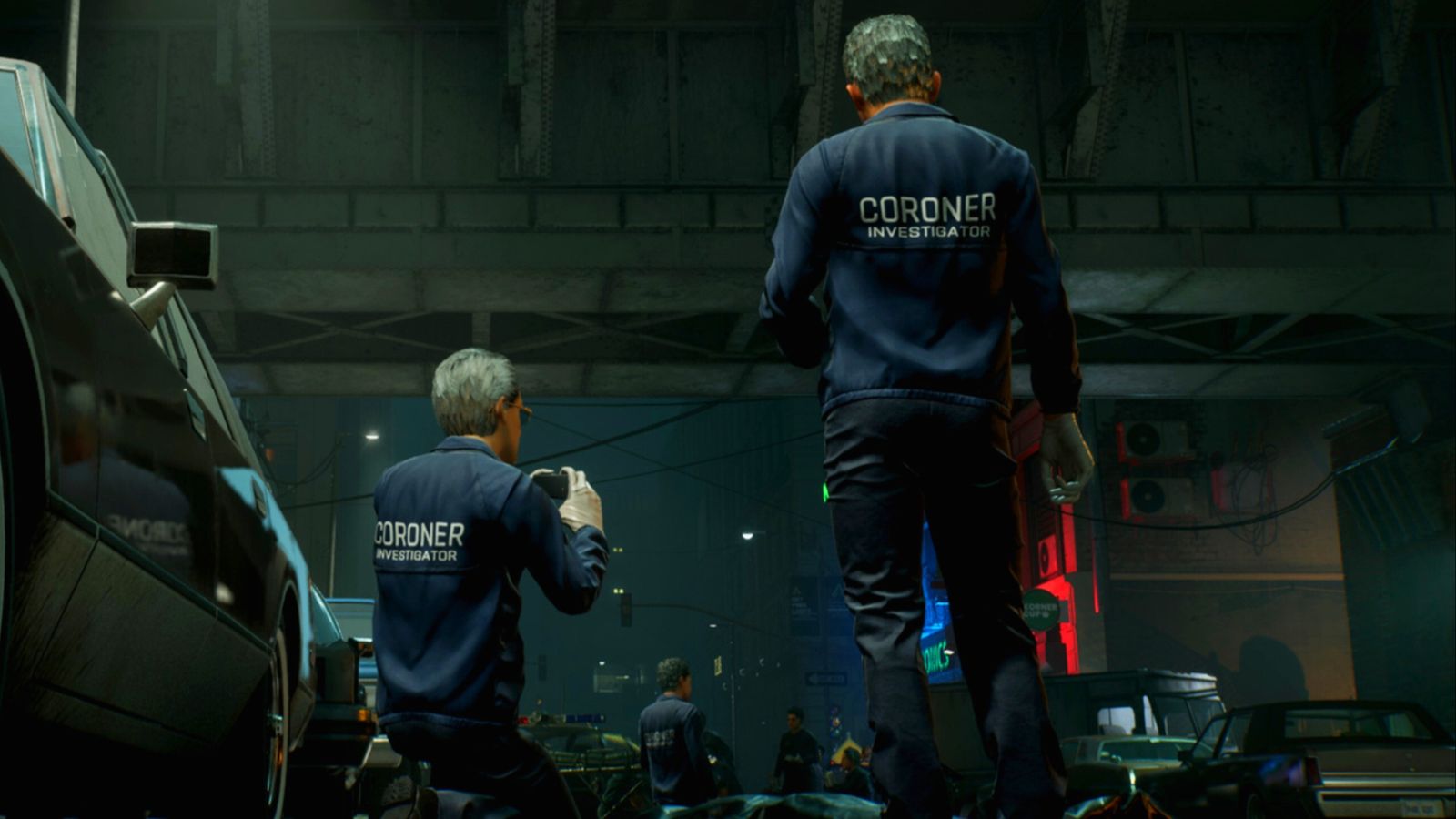 Coroners examining a crime scene in RoboCop Rogue City