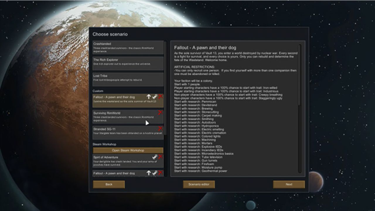 The Fallout Mod menu in Rimworld.