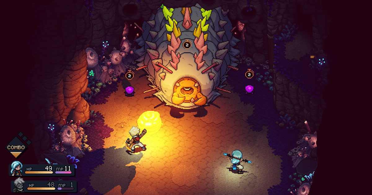 A screenshot of Sea of Stars, showing Zale and Valere fighting a large caterpillar like monster