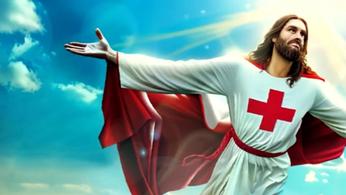 jesus is wearing a white shirt with a red cross on it and a red cape