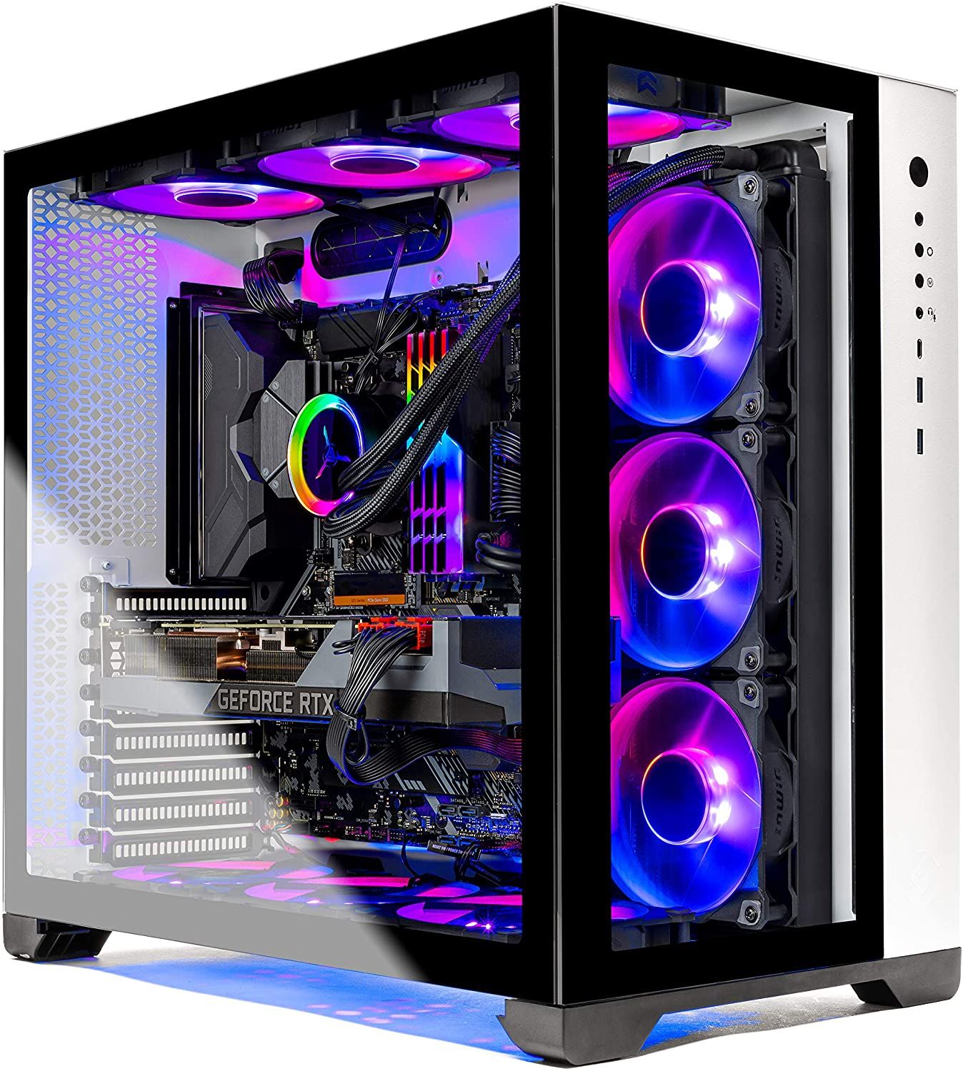 Skytech Prism II product image of a white and black PC with clear front and side panels showcasing blue and pink lit-up parts inside.