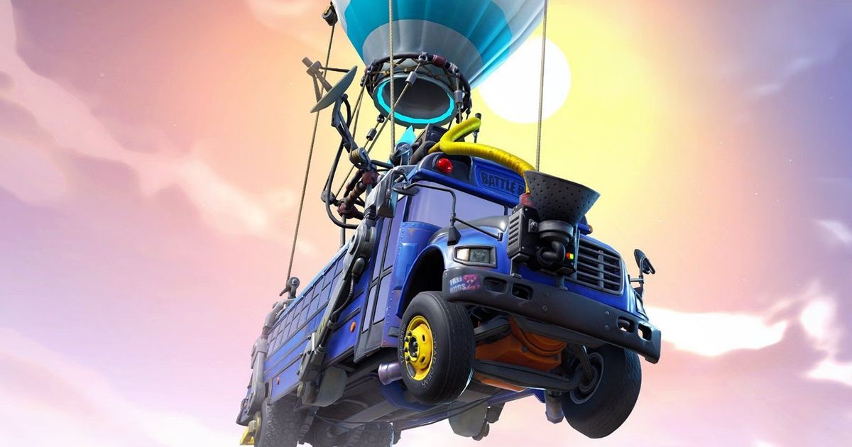 Fortnite battle bus flying with sun in cloudy skies