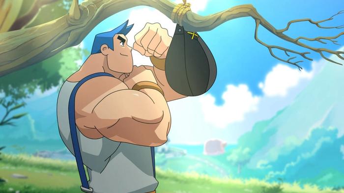 Max from Advance Wars 1+2: Re-Boot Camp hits a punching bag.