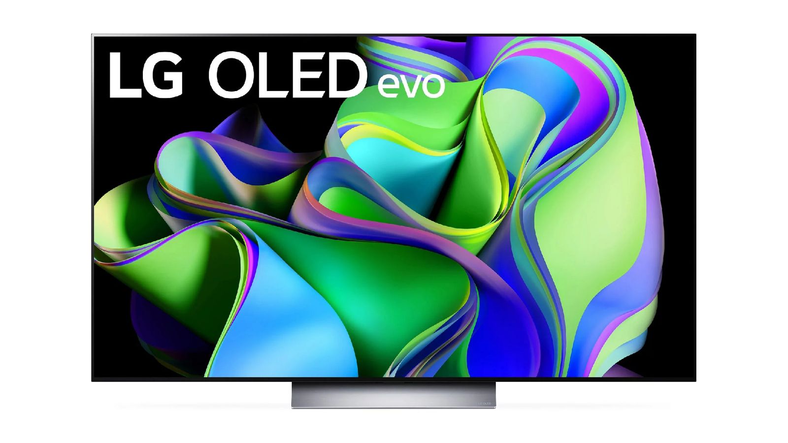 LG C3 product image of a near-frameless dark grey and black TV featuring a wavy green, blue, and purple pattern on the display.