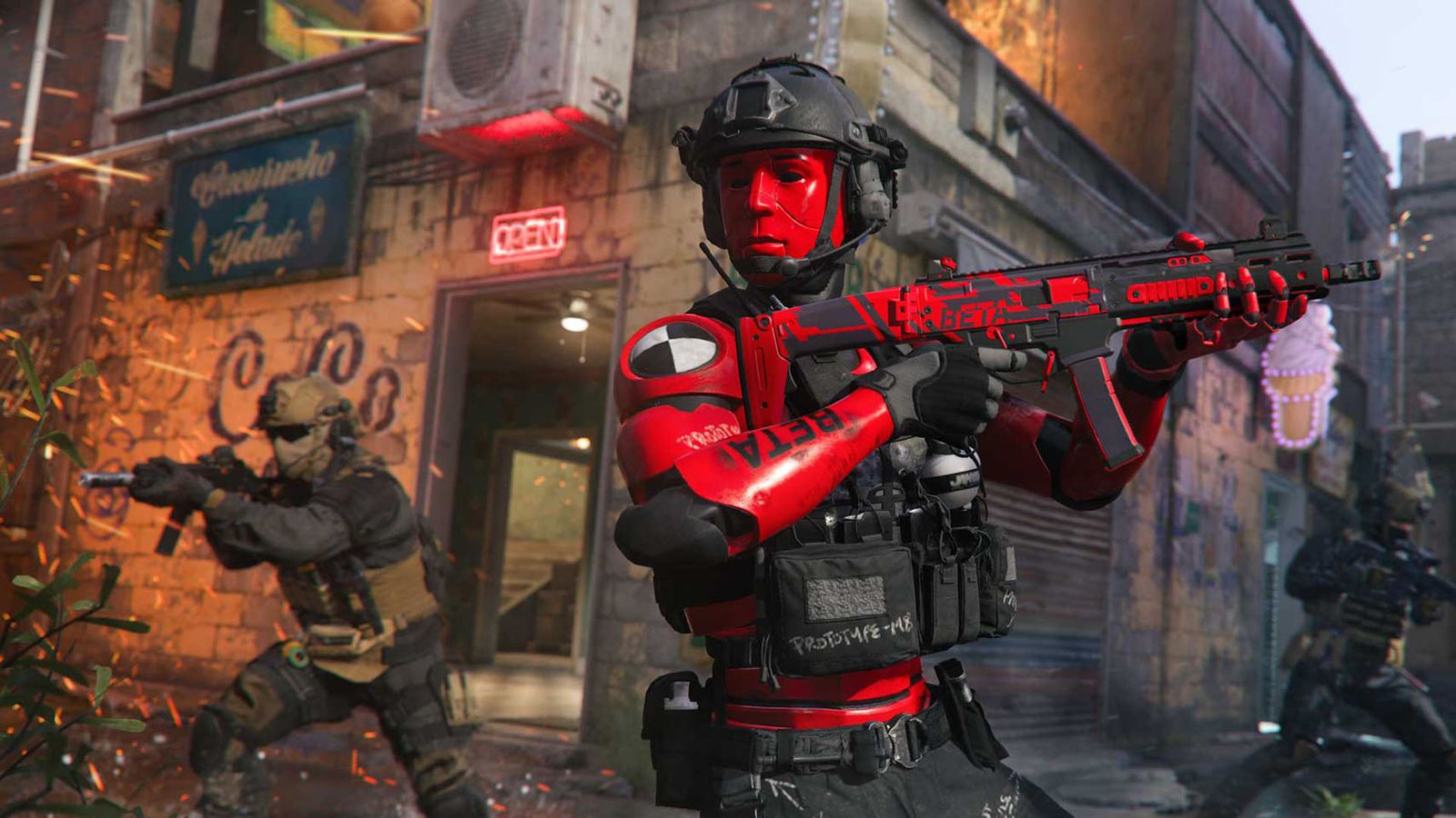 Modern Warfare 3 player holding red assault rifle with player in background