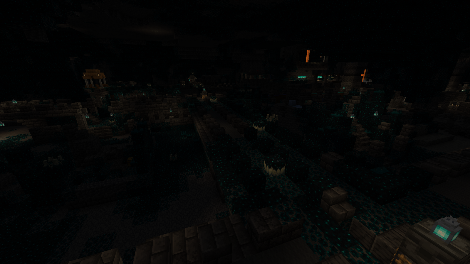 A dark, underground Minecraft city.