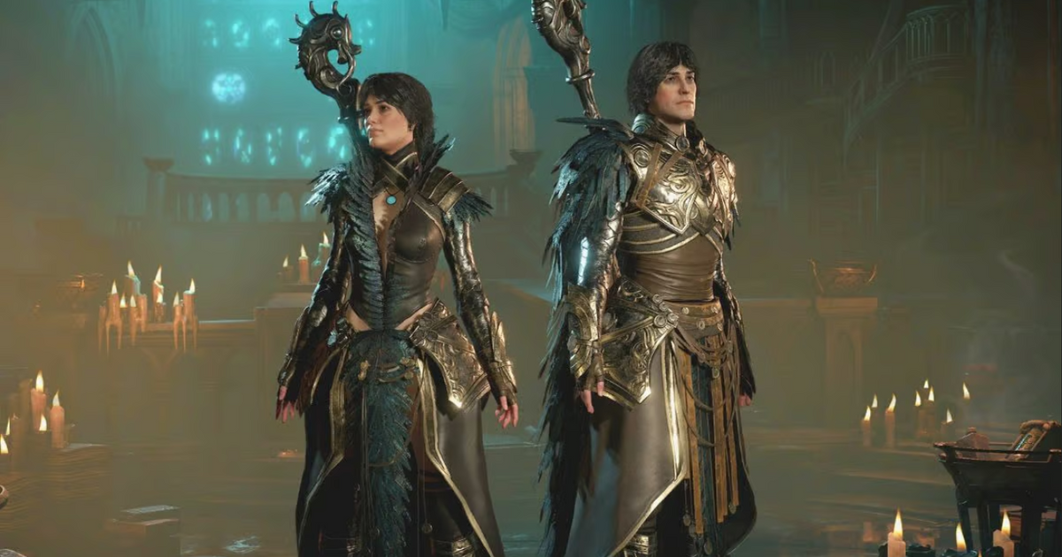 diablo 4 male and female character standing side by side