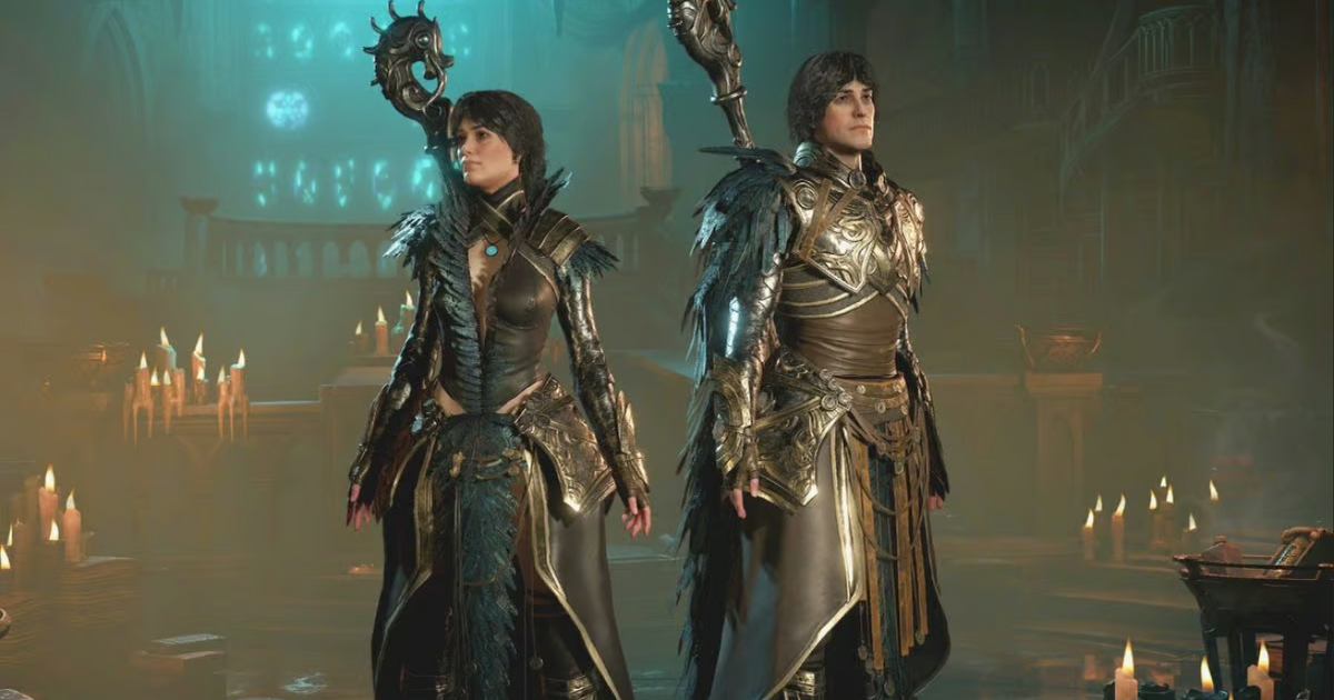 diablo 4 male and female character standing side by side