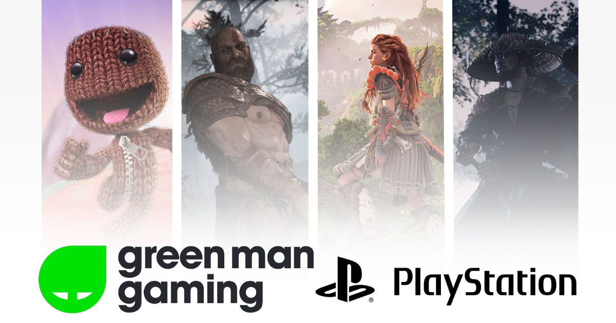 Green Man Gaming logo next to the PlayStation logo with images from Sackboy, God of War, Horizon Forbidden West, and Ghost of Tsushima above them.