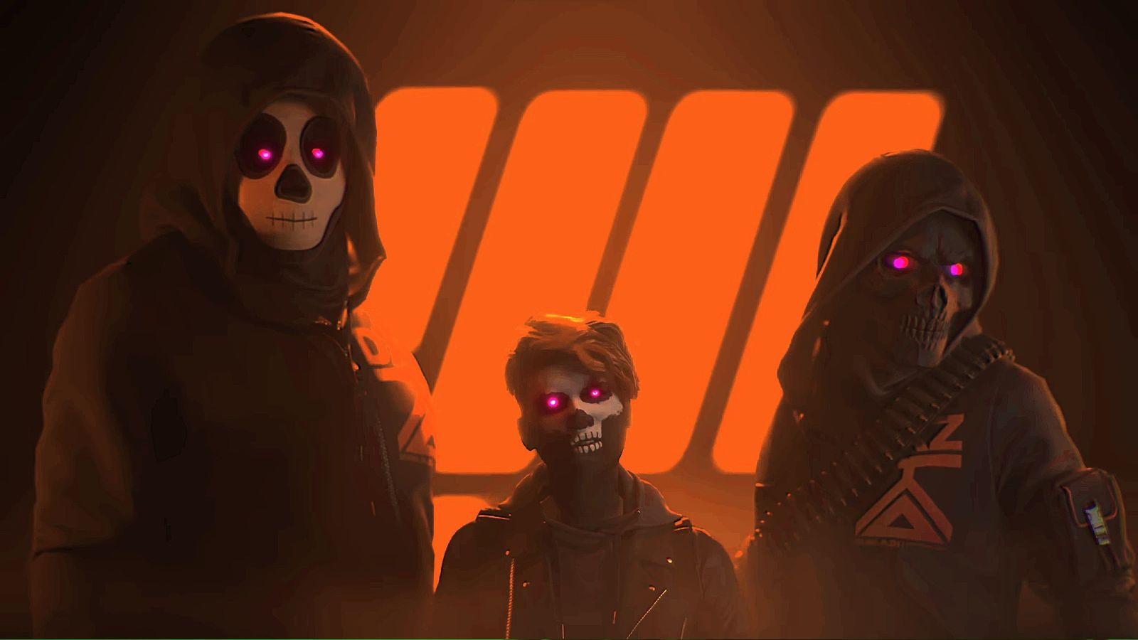 The Finals: three people in skull masks and black clothing stand in front of an orange light.