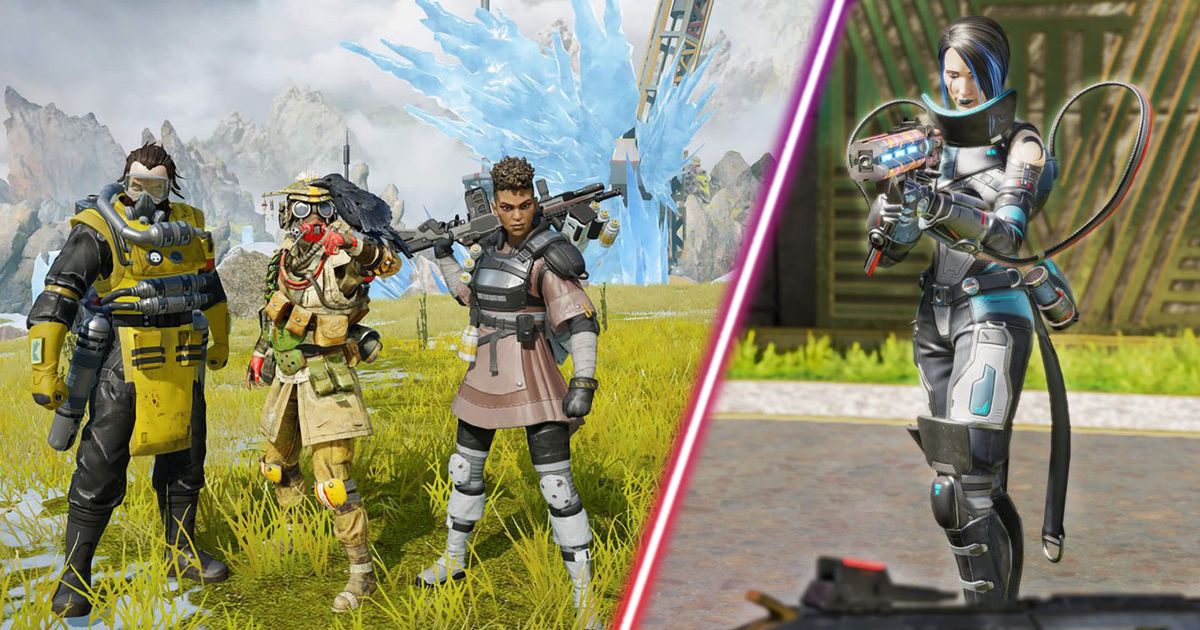 Apex Legends players standing together and Valkyrie holding gun