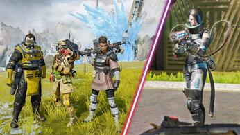 Apex Legends players standing together and Valkyrie holding gun