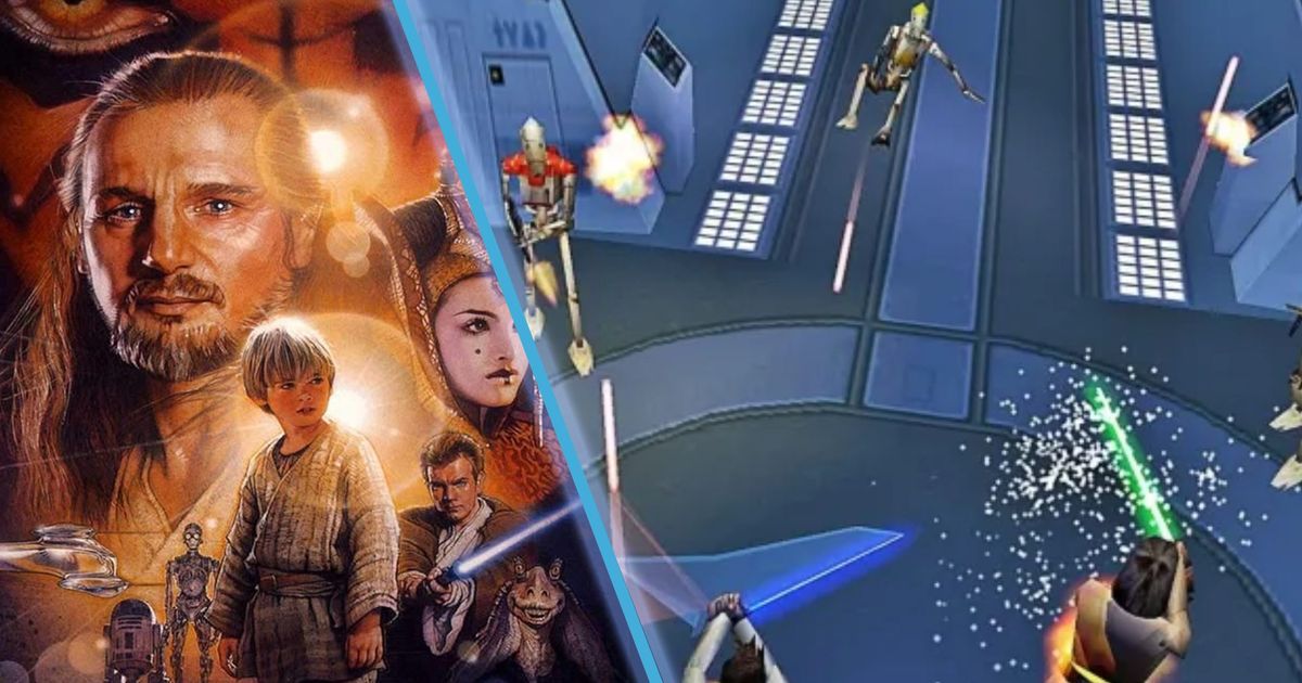 Star Wars: Episode 1 - The Phantom Menace poster next to gameplay of the tie-in game