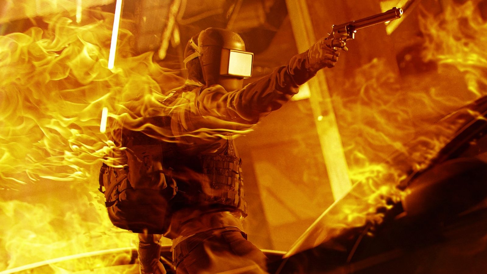The Finals meta - person in tactical gear, engulfed in flames, holding out a revolver in their right hand.