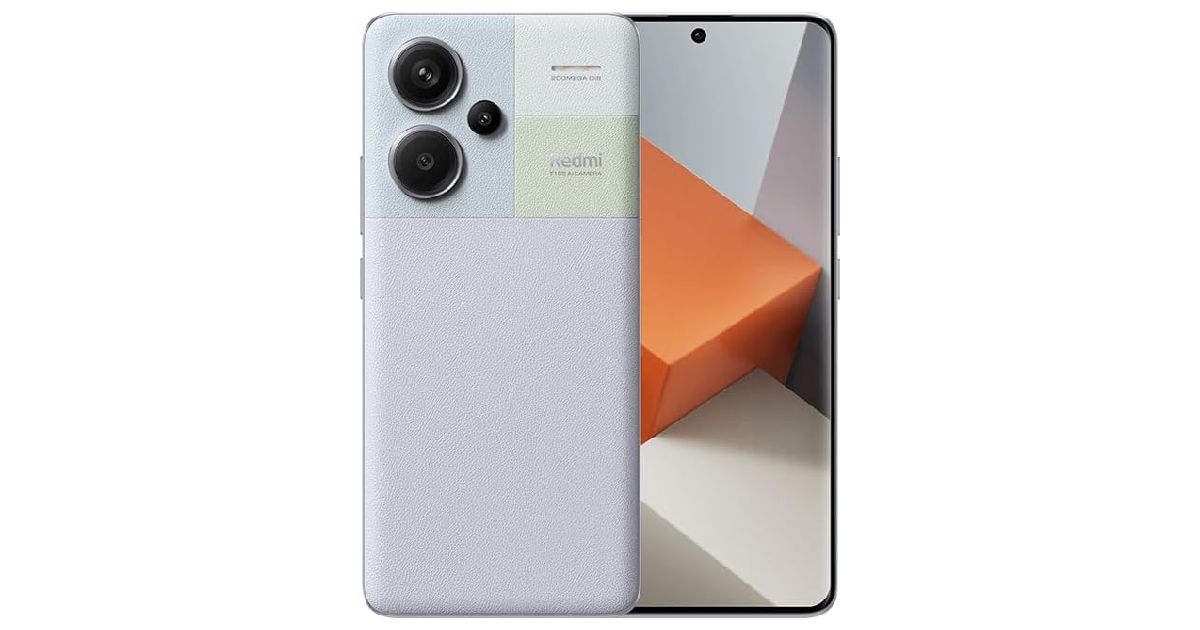 Xiaomi Redmi Note 13 Pro+ product image of a light purple phone with blue and greedy shapes around the cameras.