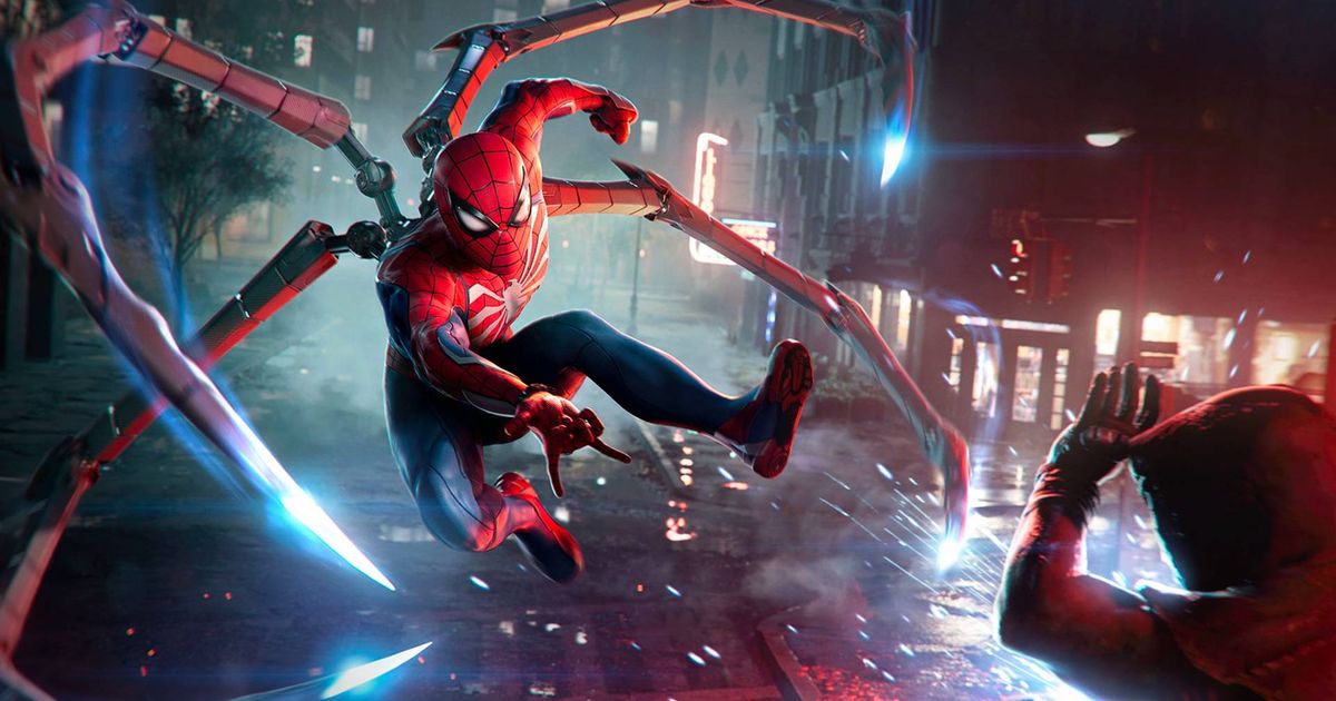 Spider-Man webbing up a criminal in Spider-Man 2.