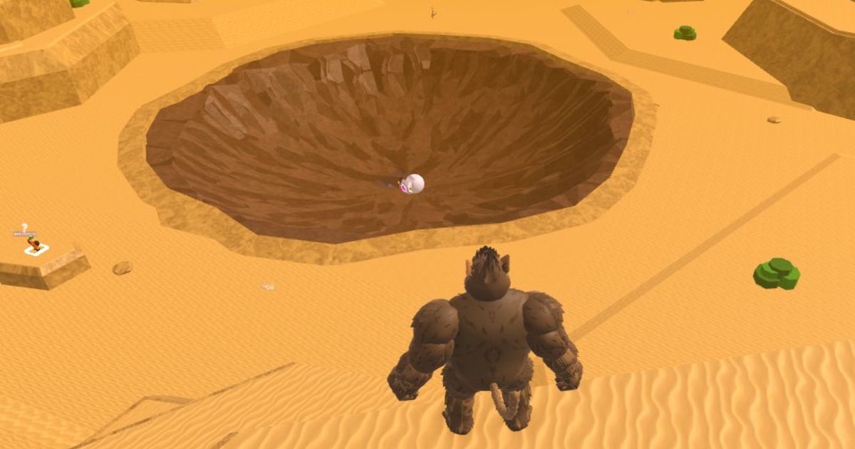 Image from Anime Orbz, showing a Roblox character staring into a crater with an orb inside