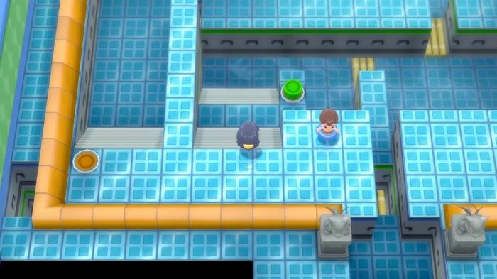 A Pokémon Trainer inside of Pastoria City Gym, commencing with the puzzle and other Trainers in Pokémon Brilliant Diamond and Shining Pearl.