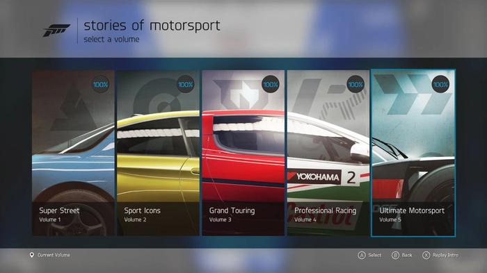 'stories of motorsport - pick a volume' 
The career mode screen for Forza Motorsport