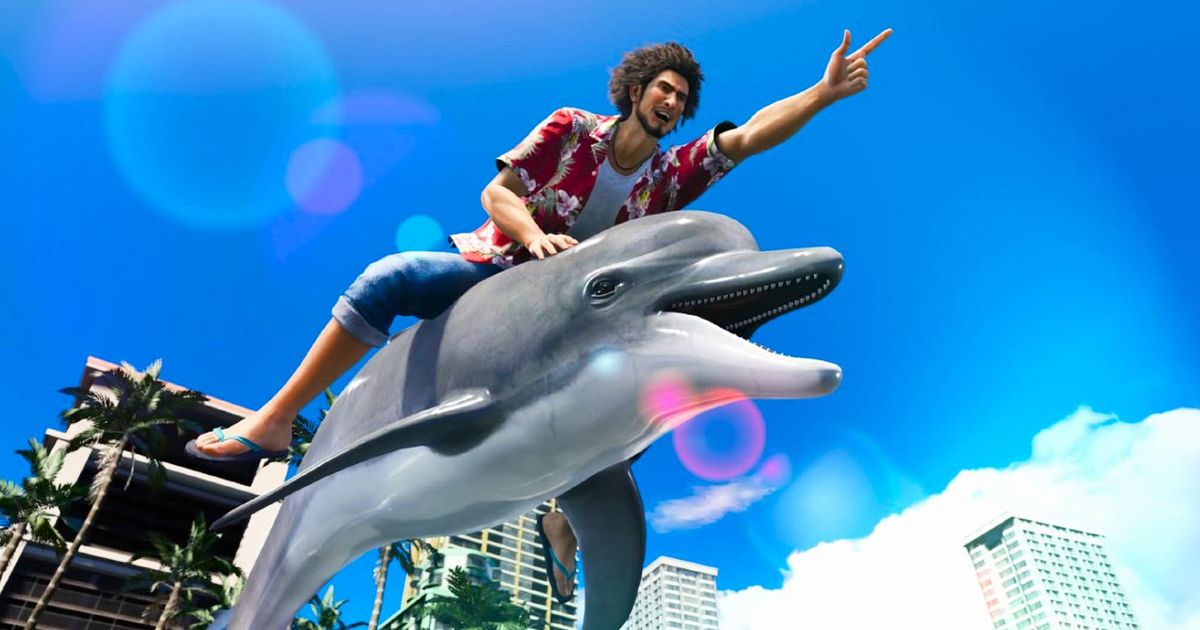 Ichiban Kasuga riding a dolphin