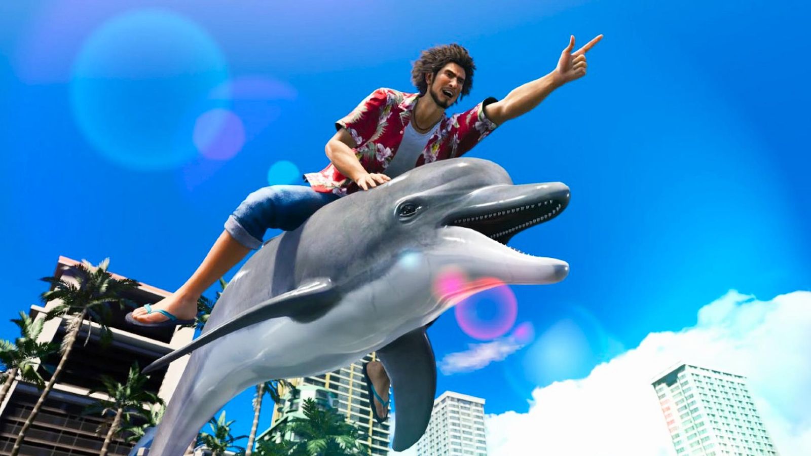 Ichiban Kasuga riding a dolphin