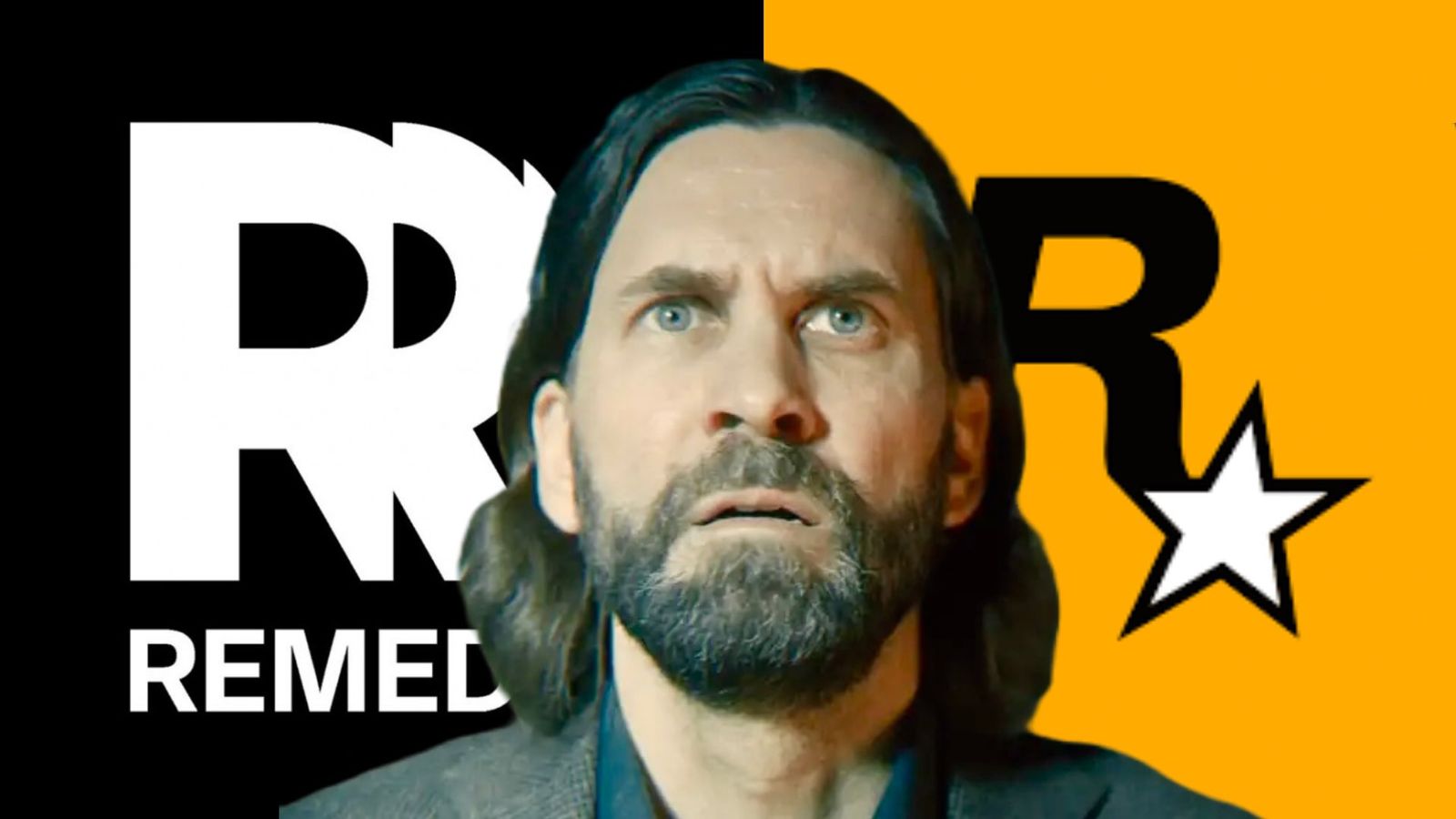 Alan Wake looking confused next to the Remedy Entertainment and Rockstar Games logos 